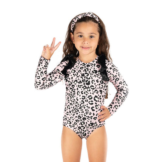 Pink Leopard -  One Piece Long Sleeve - Kids Swimwear