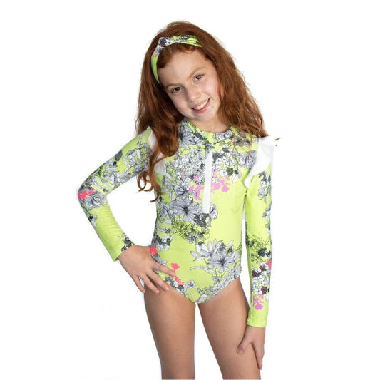 Green Flowers One Piece Long Sleeves Swimsuit