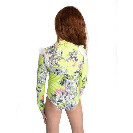 Green Flowers One Piece Long Sleeves Swimsuit