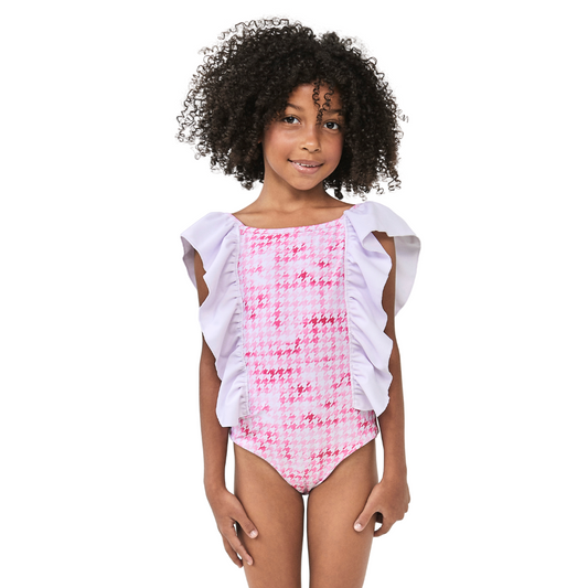 Houndstooth Swimsuit One Piece Short Sleeves