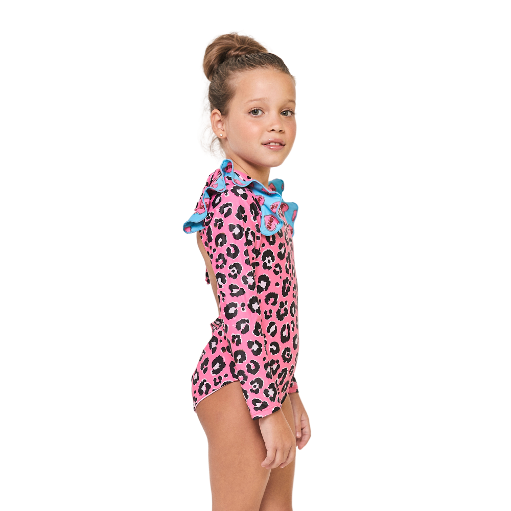 Cheetah Heart One Piece Long Sleeves Swimsuit