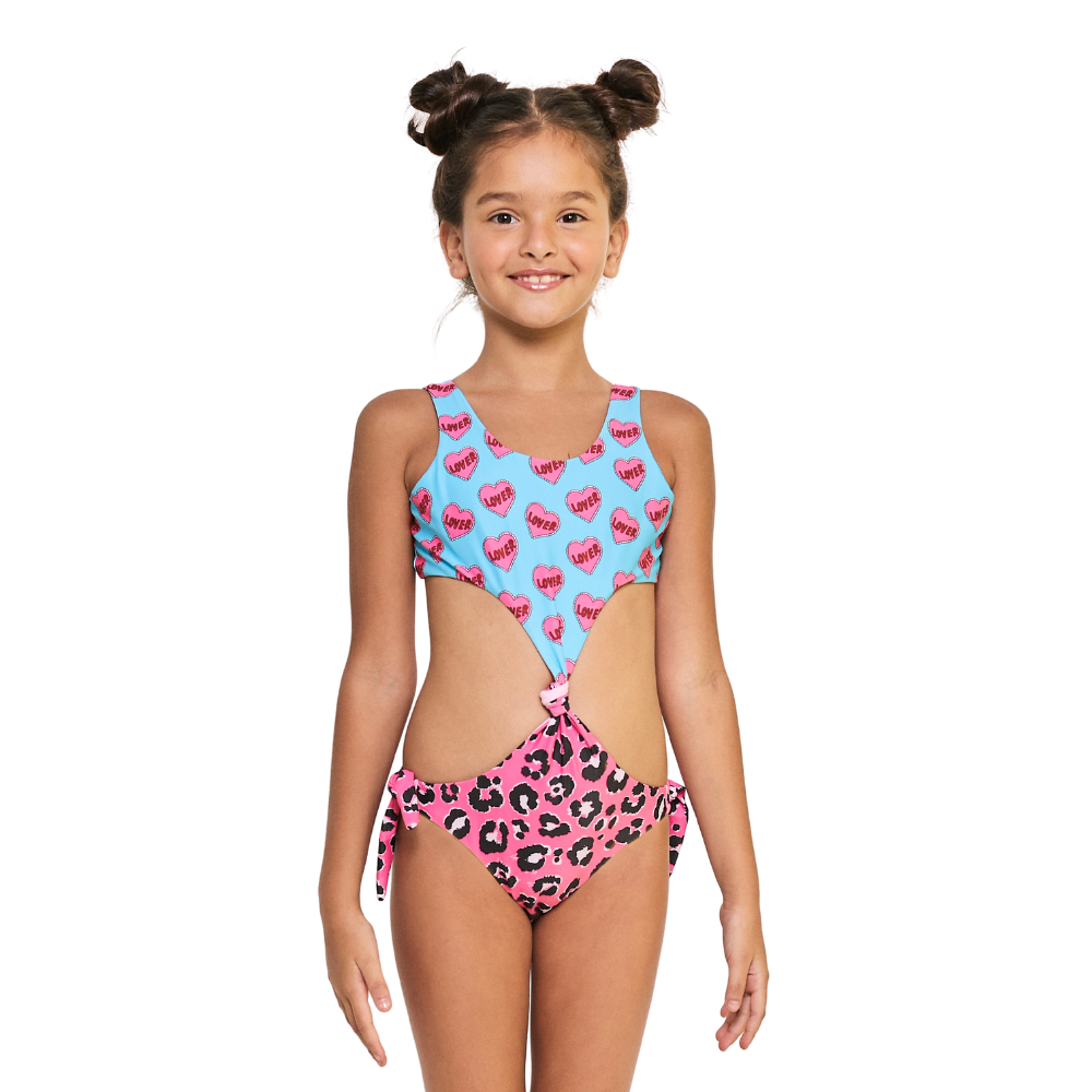 Cheetah Heart One Piece Short Sleeves Swimsuit