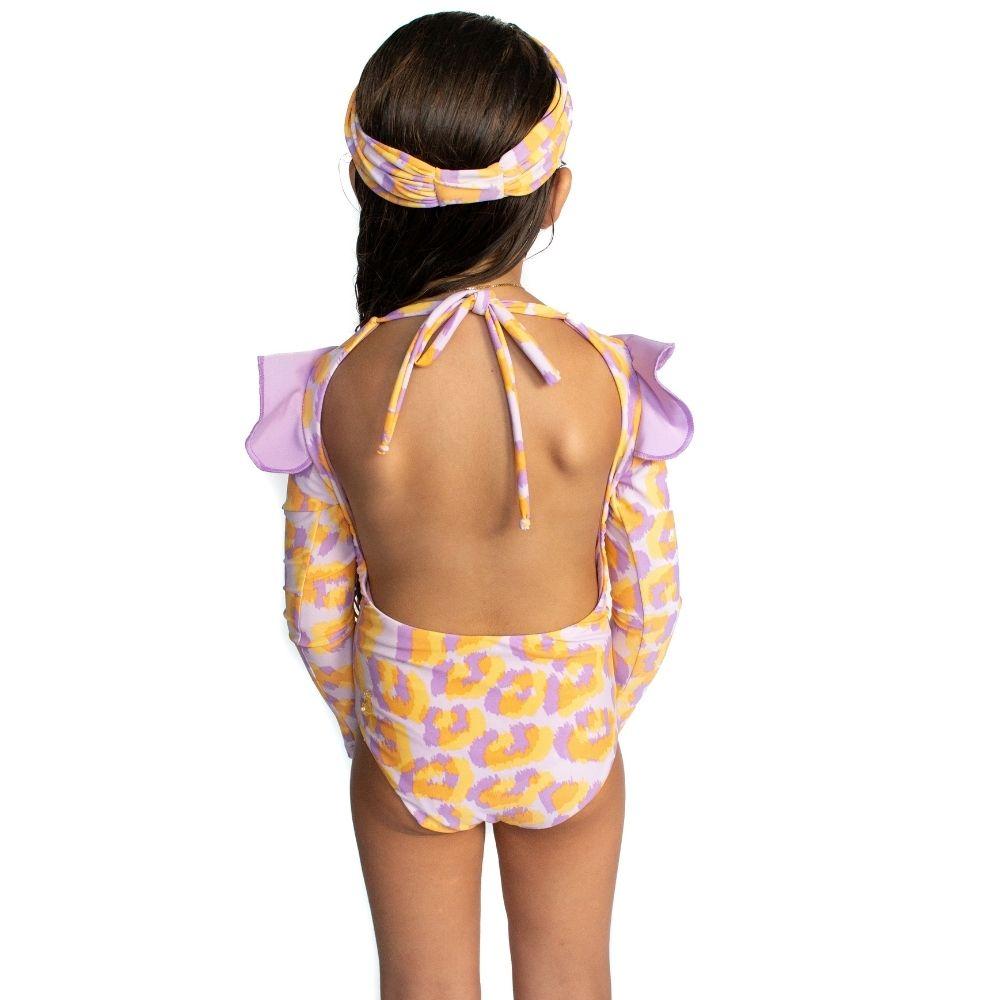Lilac Leopard One Piece Long Sleeves Swimsuit - Kids Swimwear