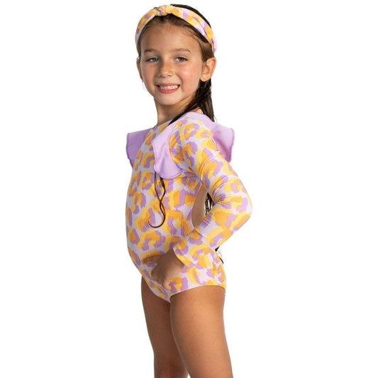 Lilac Leopard One Piece Long Sleeves Swimsuit - Kids Swimwear